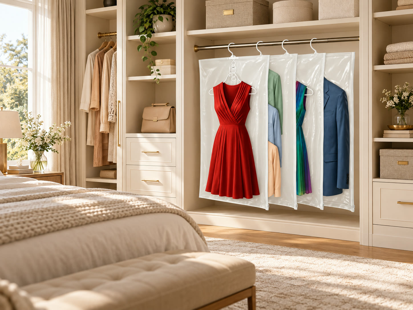 Roupas guardadas em sacos a vácuo para cabide em um closet claro e organizado