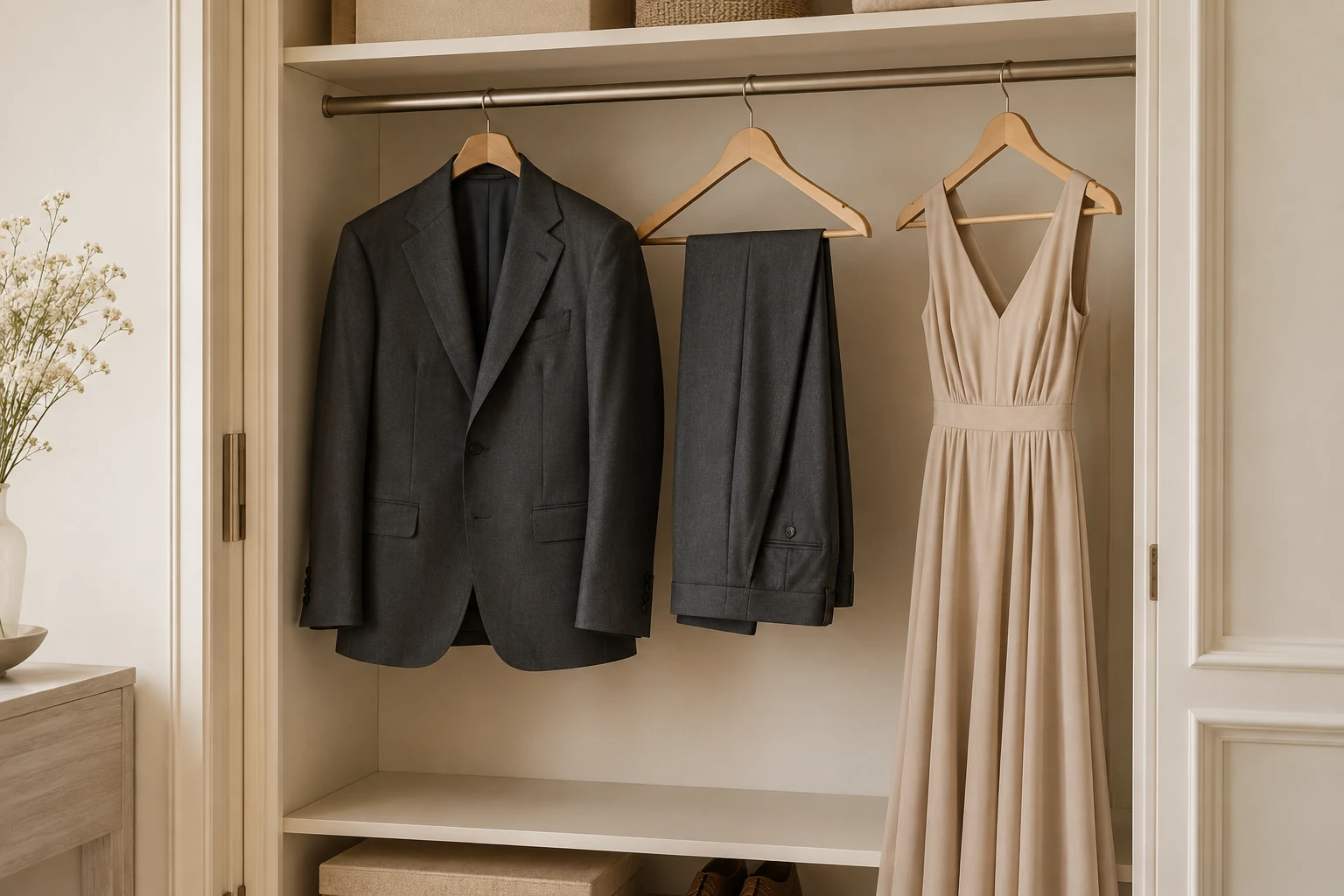 Terno, calça e vestido pendurados sem compressão em um closet organizado