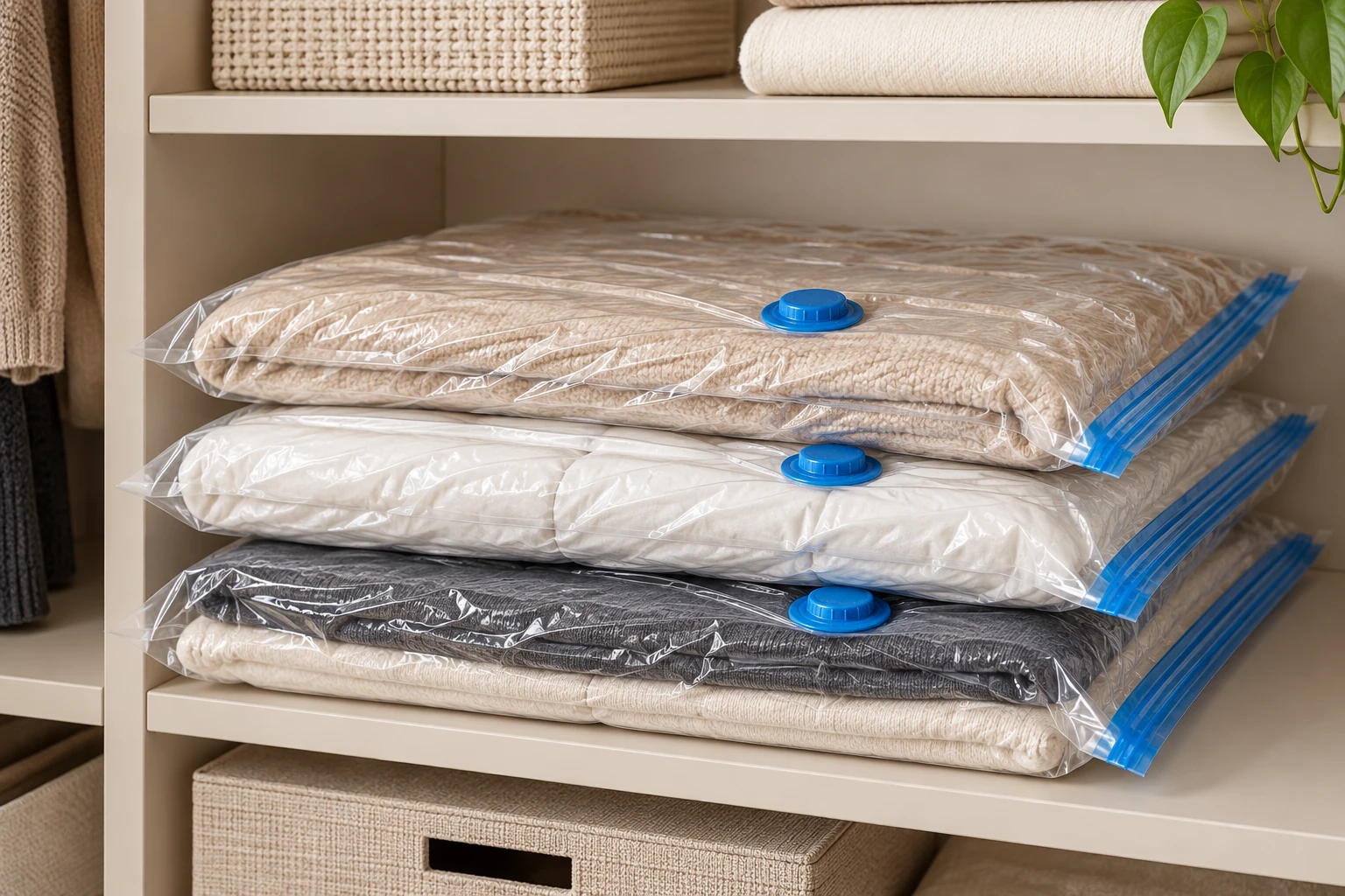 Cobertores, roupas de cama e moletons compactados em sacos a vácuo XG 70x100 da BAÚ no armário