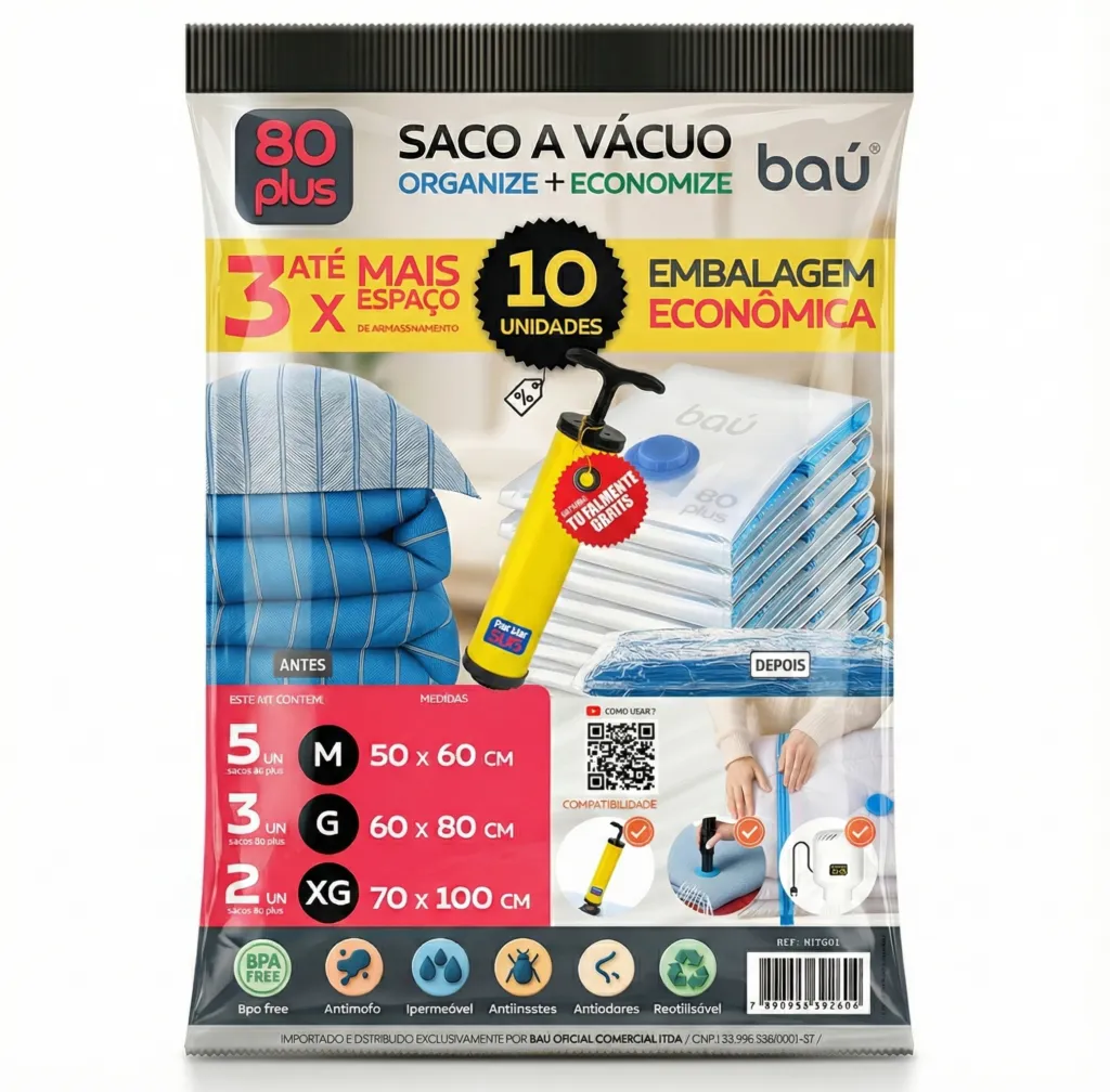 kit 10 saco a vácuo tamanhos variados com bomba grátis