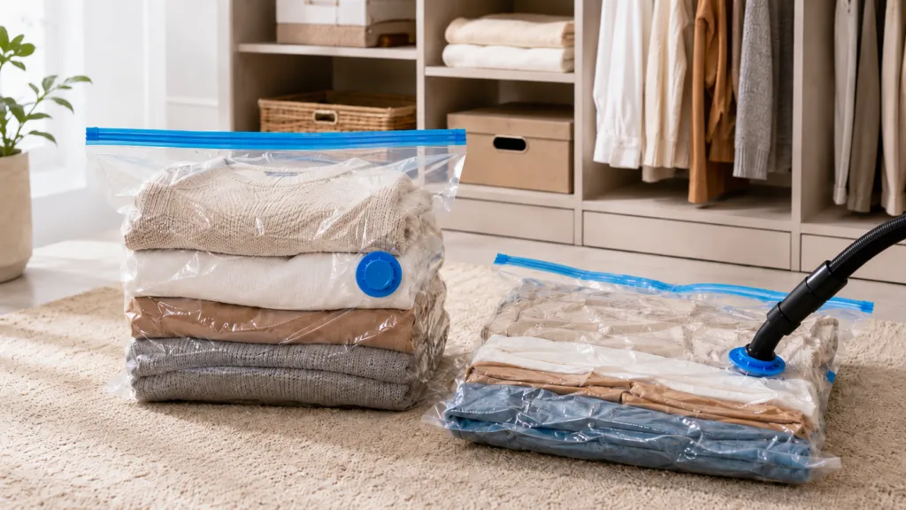 saco a vácuo para roupas com válvula retirando o ar