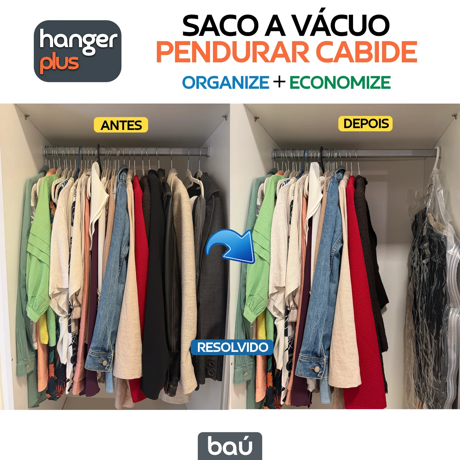 antes e depois saco a vácuo cabide